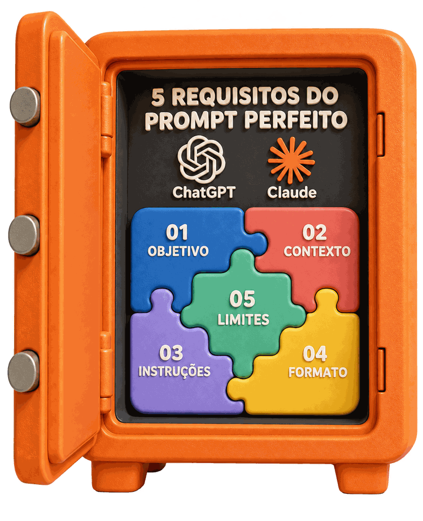 Cofre laranja aberto, com o painel interno preto onde se lê "5 requisitos do prompt perfeito", os símbolos do ChatGPT e do Claude, e cinco peças de quebra-cabeça encaixadas: 01 objetivo, 02 contexto, 03 instruções, 04 formato e 05 limites.