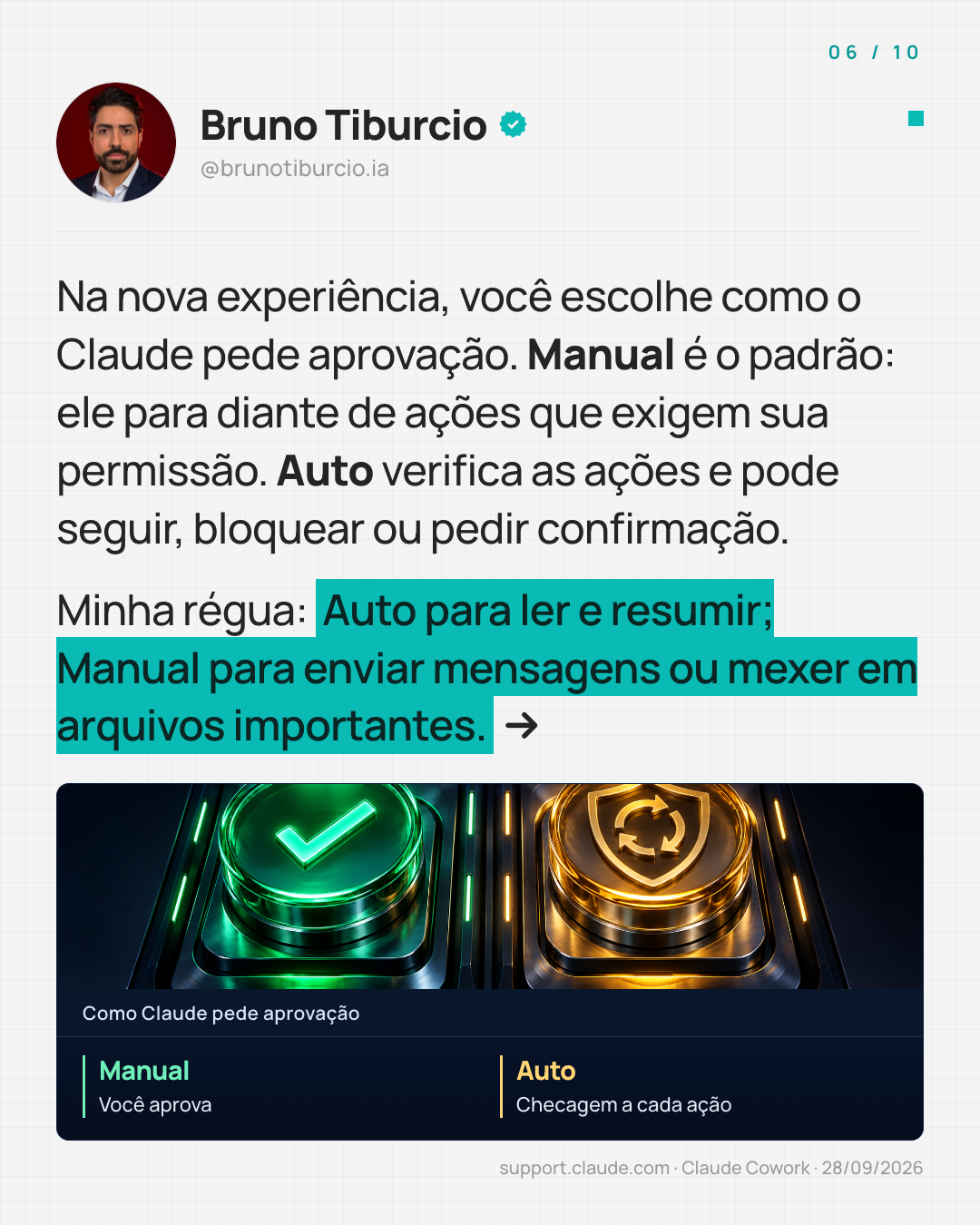 Manual pede aprovação; Auto verifica as ações e pode seguir, bloquear ou pedir confirmação.