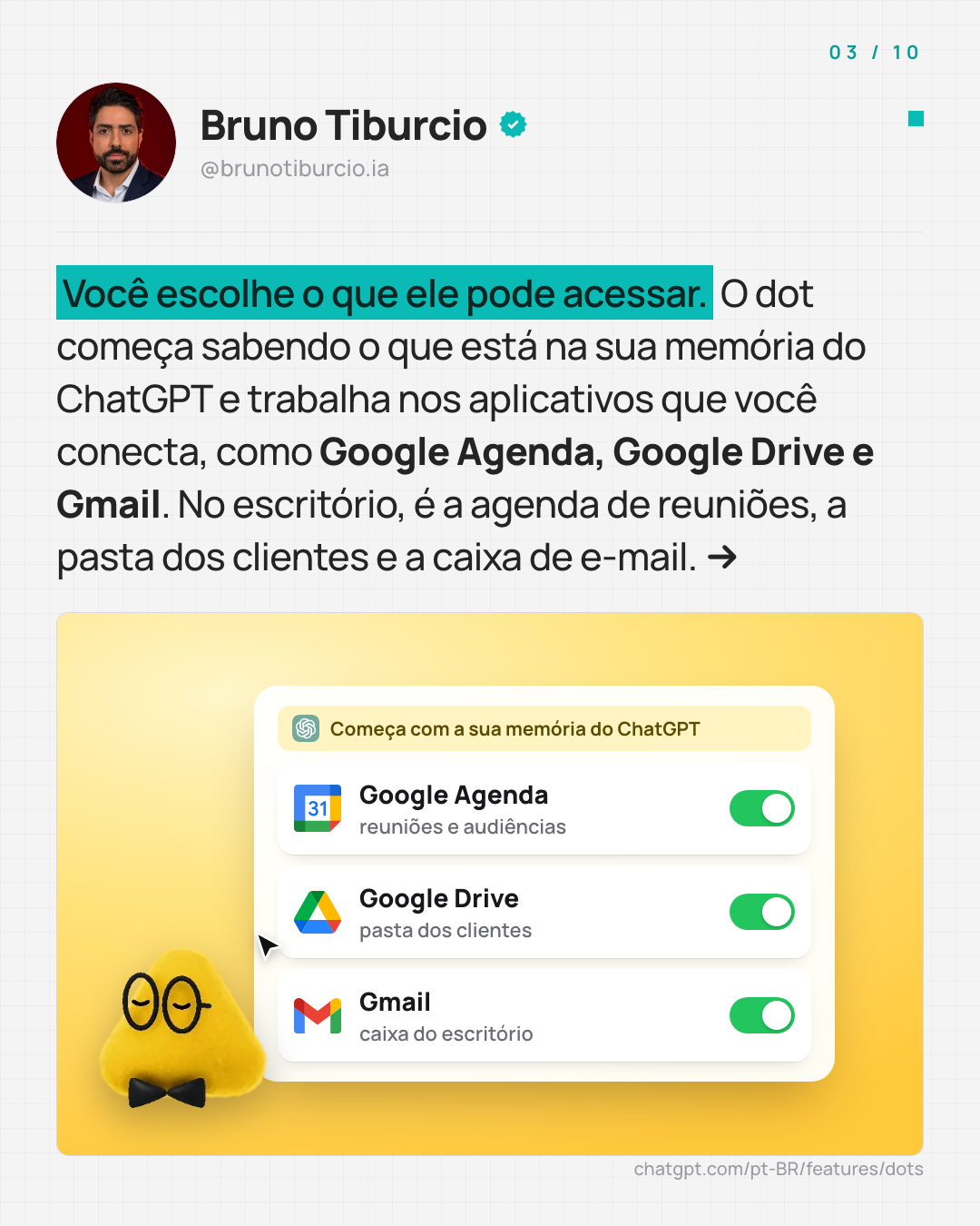 Card com o dot conectado ao Google Agenda, Google Drive e Gmail