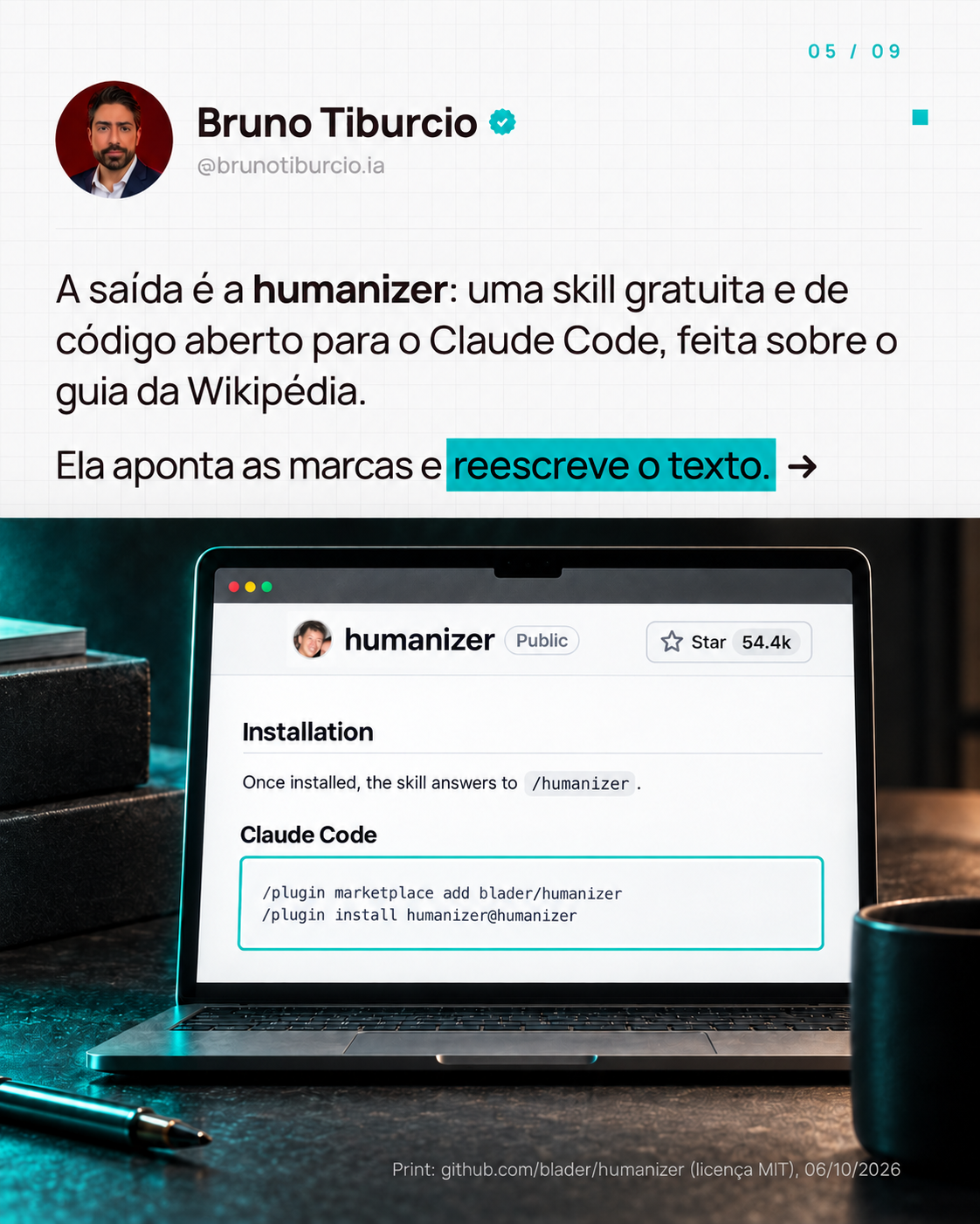 Card do carrossel com o print da página da humanizer no GitHub, na seção de instalação no Claude Code