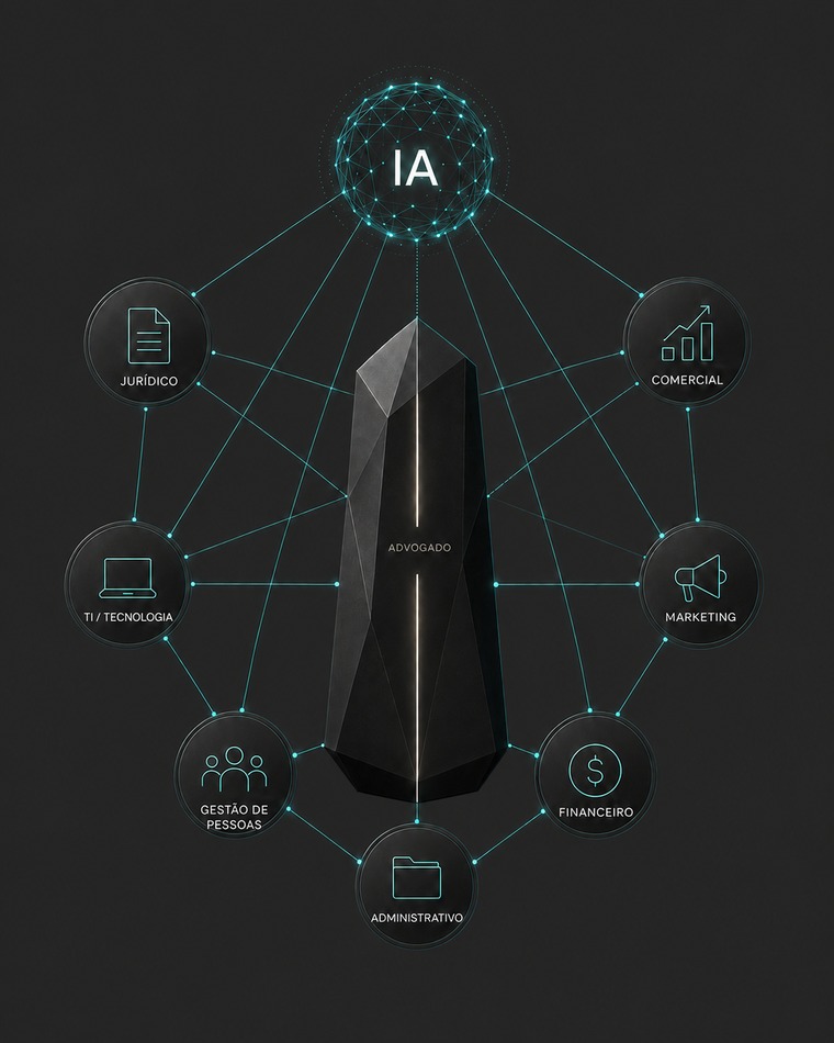 Diagrama: a inteligência artificial conectada ao advogado e às oito áreas do escritório — jurídico, comercial, TI, marketing, gestão de pessoas, financeiro e administrativo.