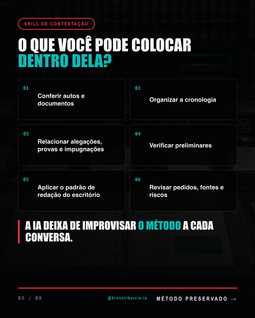 Card do carrossel com os seis componentes de uma skill de contestação: conferir autos, organizar a cronologia, relacionar alegações e provas, verificar preliminares, aplicar o padrão de redação e revisar pedidos, fontes e riscos.