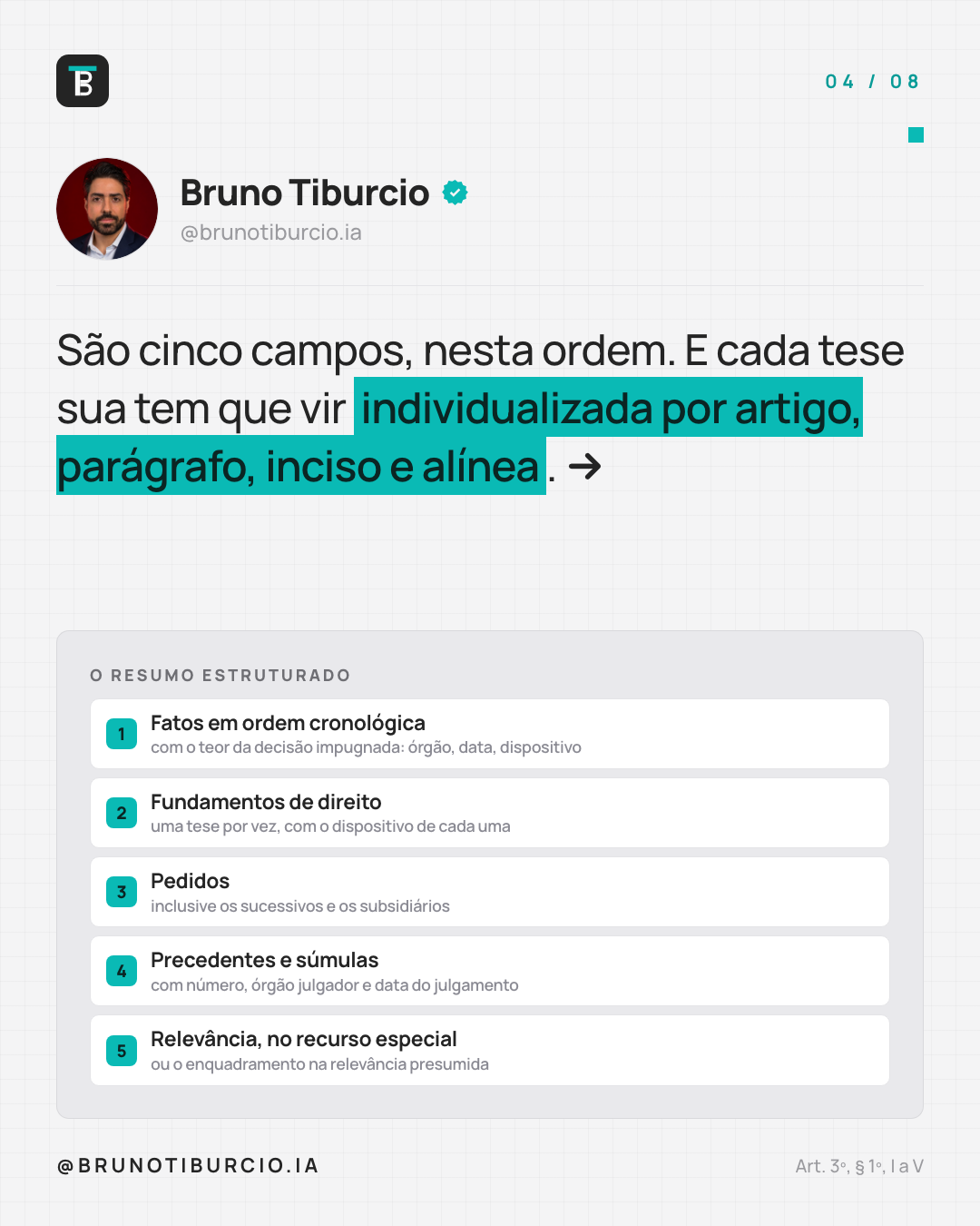 Os cinco campos do resumo estruturado do STJ, na ordem exigida pela norma: fatos em ordem cronológica, fundamentos de direito, pedidos, precedentes e súmulas, e relevância no recurso especial.